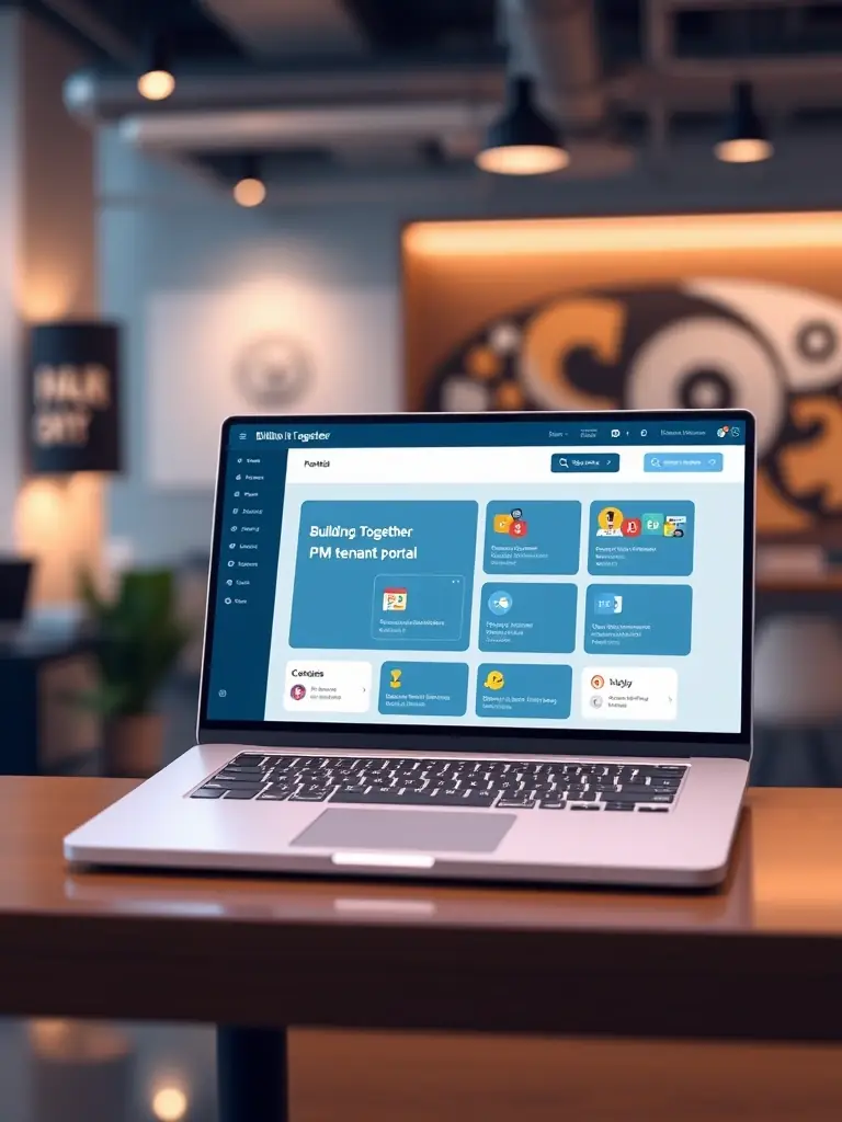 A modern, user-friendly interface of the Building It Together PM tenant portal on a laptop screen, highlighting ease of use and accessibility.
