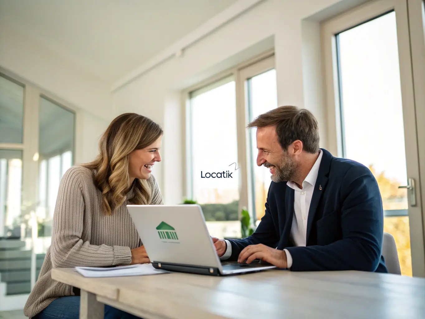 An image showcasing a property manager interacting with tenants in a modern office setting, emphasizing the human touch in property management.