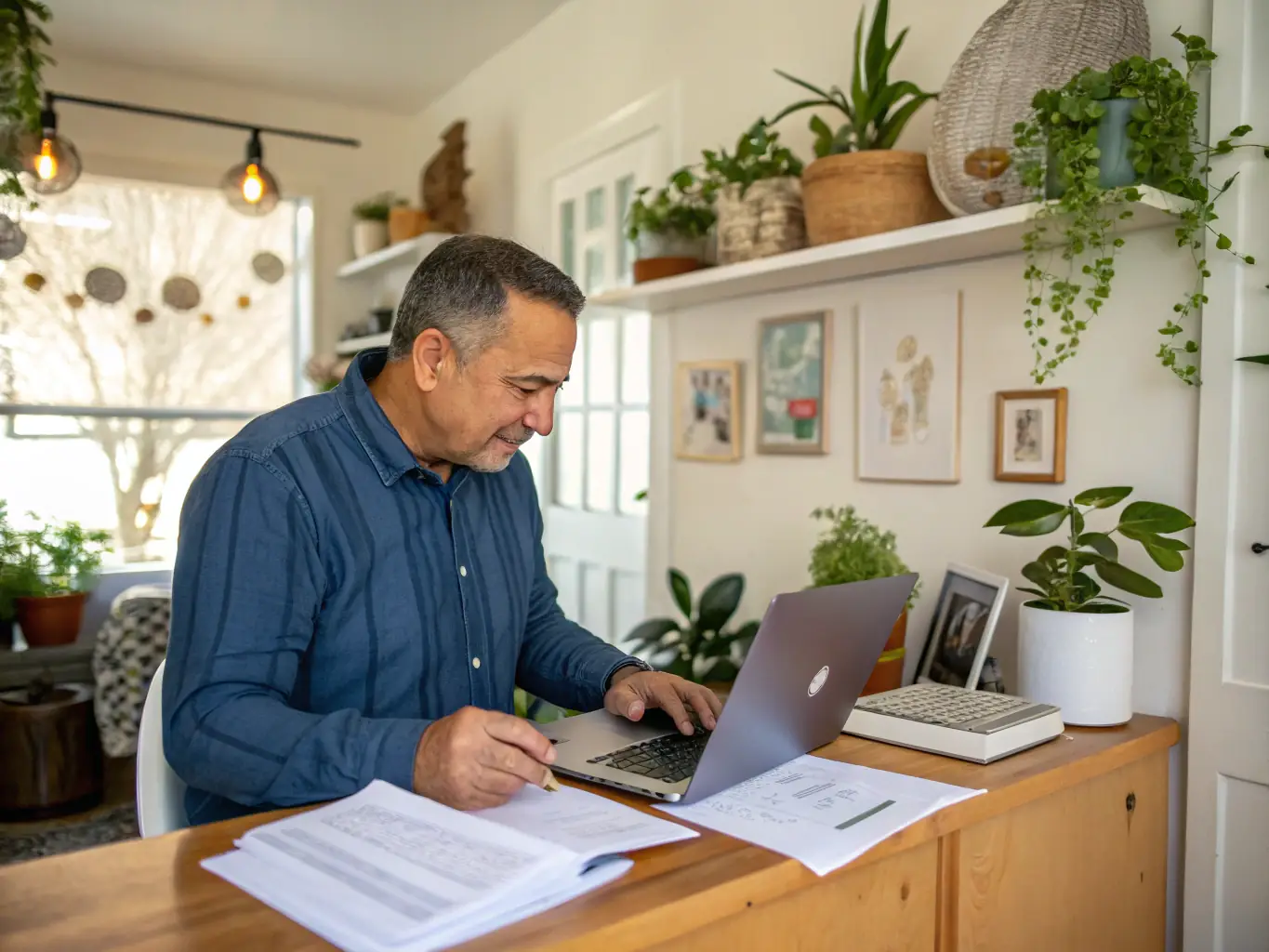 An image of a property owner reviewing reports on a laptop, illustrating the real-time insights provided by the Owner Portal.