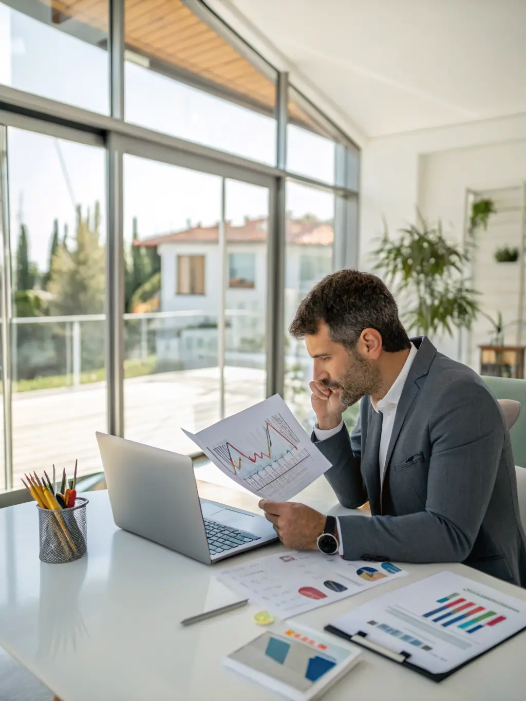 A property owner reviewing detailed financial reports on a tablet, illustrating the transparency provided by Building It Together PM's owner portal.