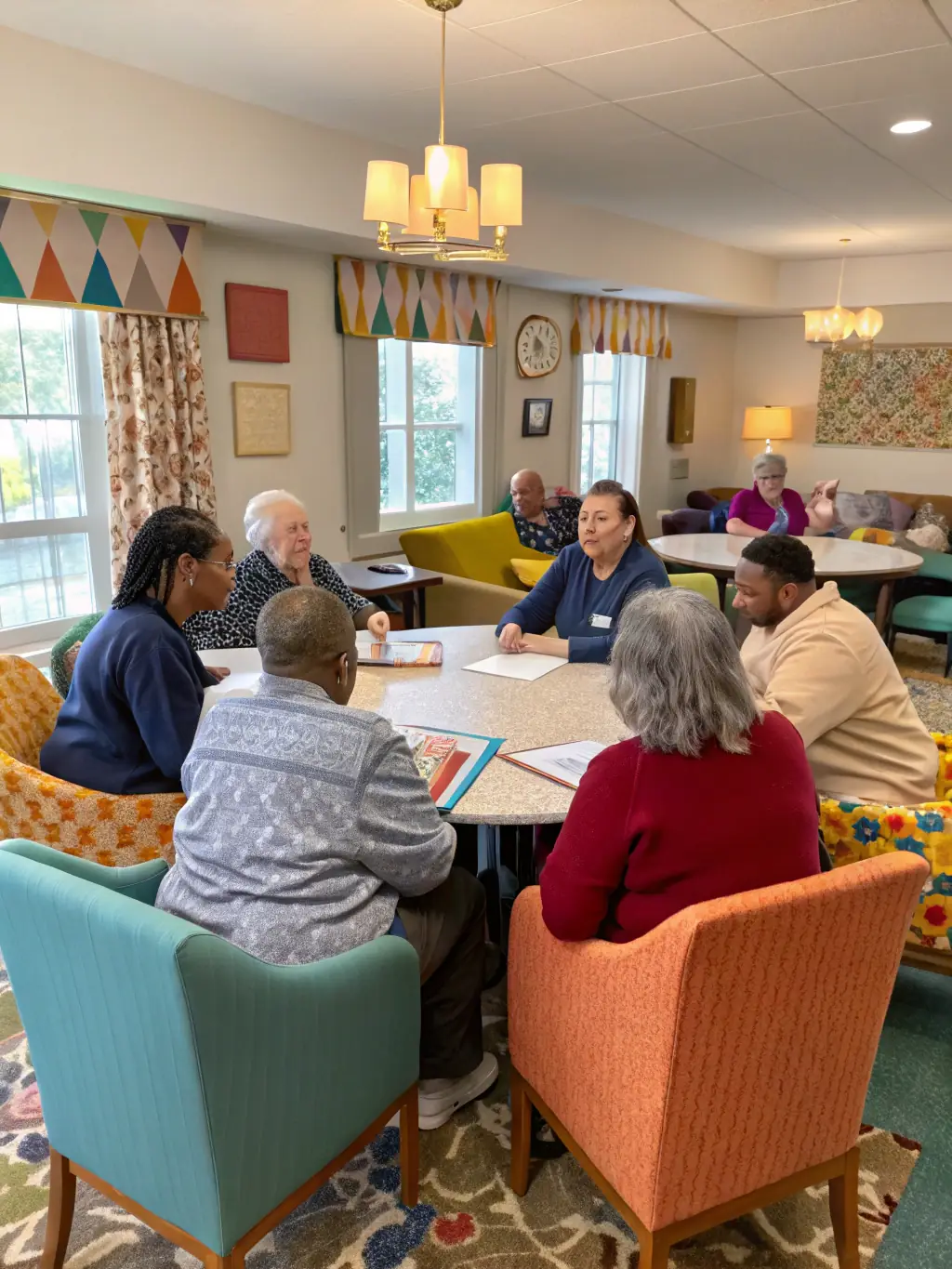 A diverse group of tenants happily interacting in a common area of a Building It Together PM managed property, emphasizing community and tenant satisfaction.